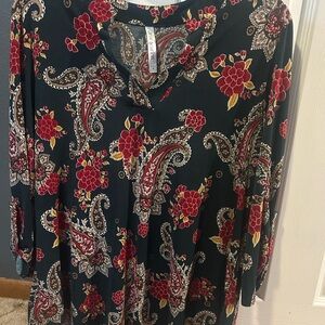 Floral Paisley Blouse with Red Accents
